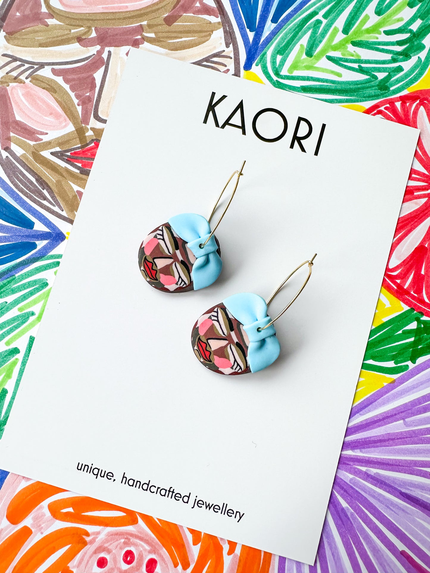 Abstract Face Hoop Earrings - Blue