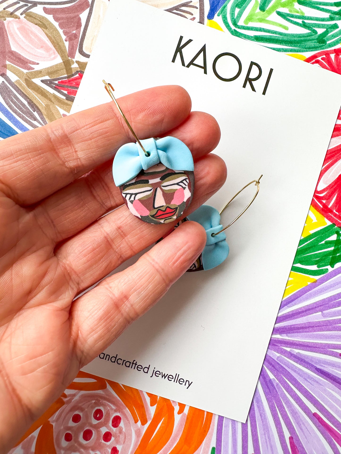 Abstract Face Hoop Earrings - Blue