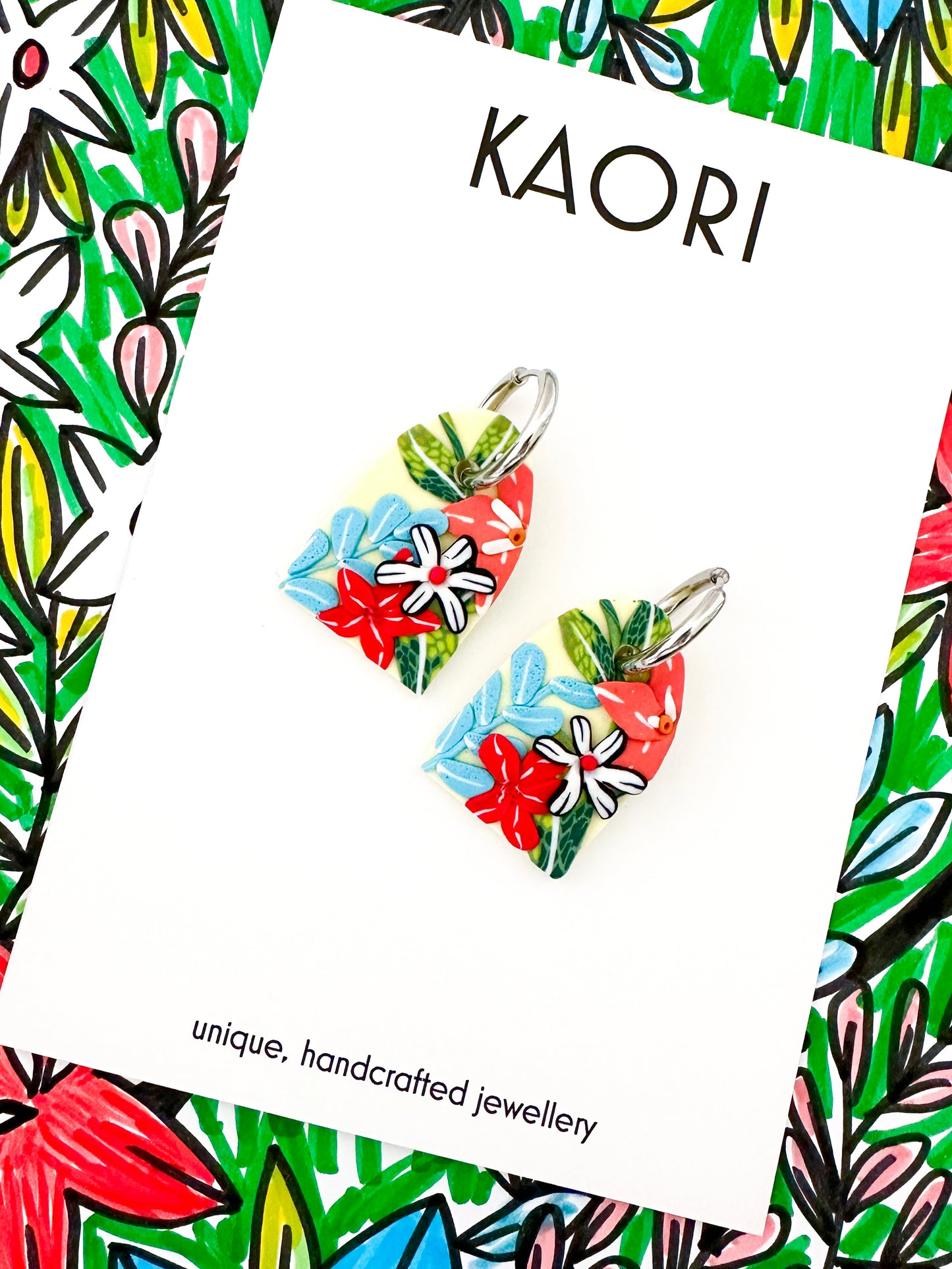 Kimono Floral Arch Huggie Hoop Earrings