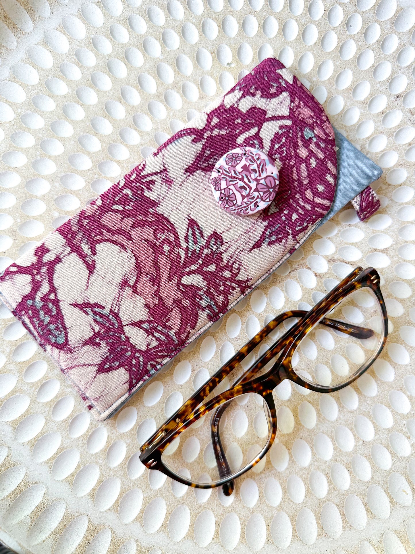 Handmade Kimono Fabric Glasses Case with polymer clay embellishment
