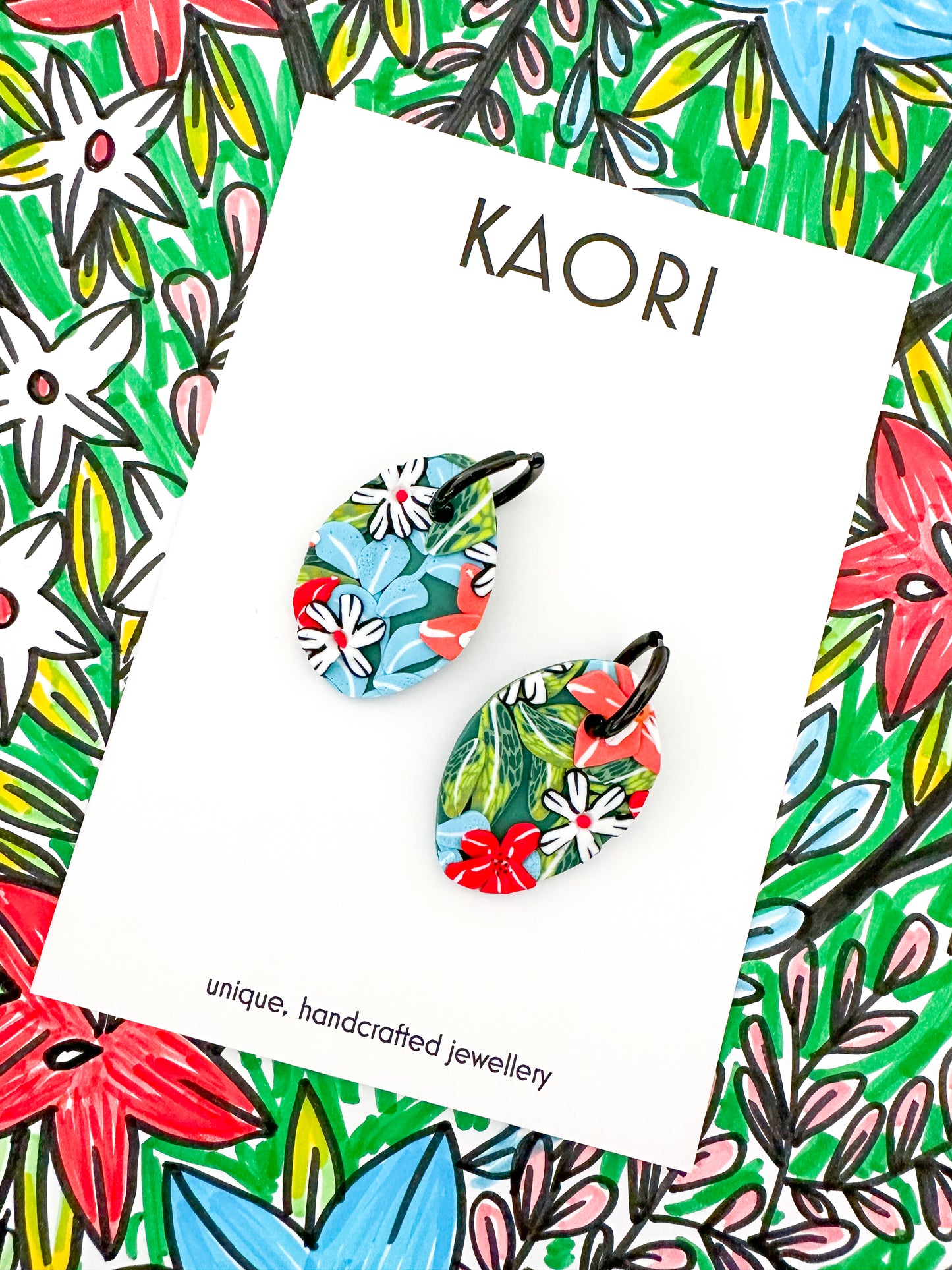 Kimono Floral Oval Huggie Hoop Earrings