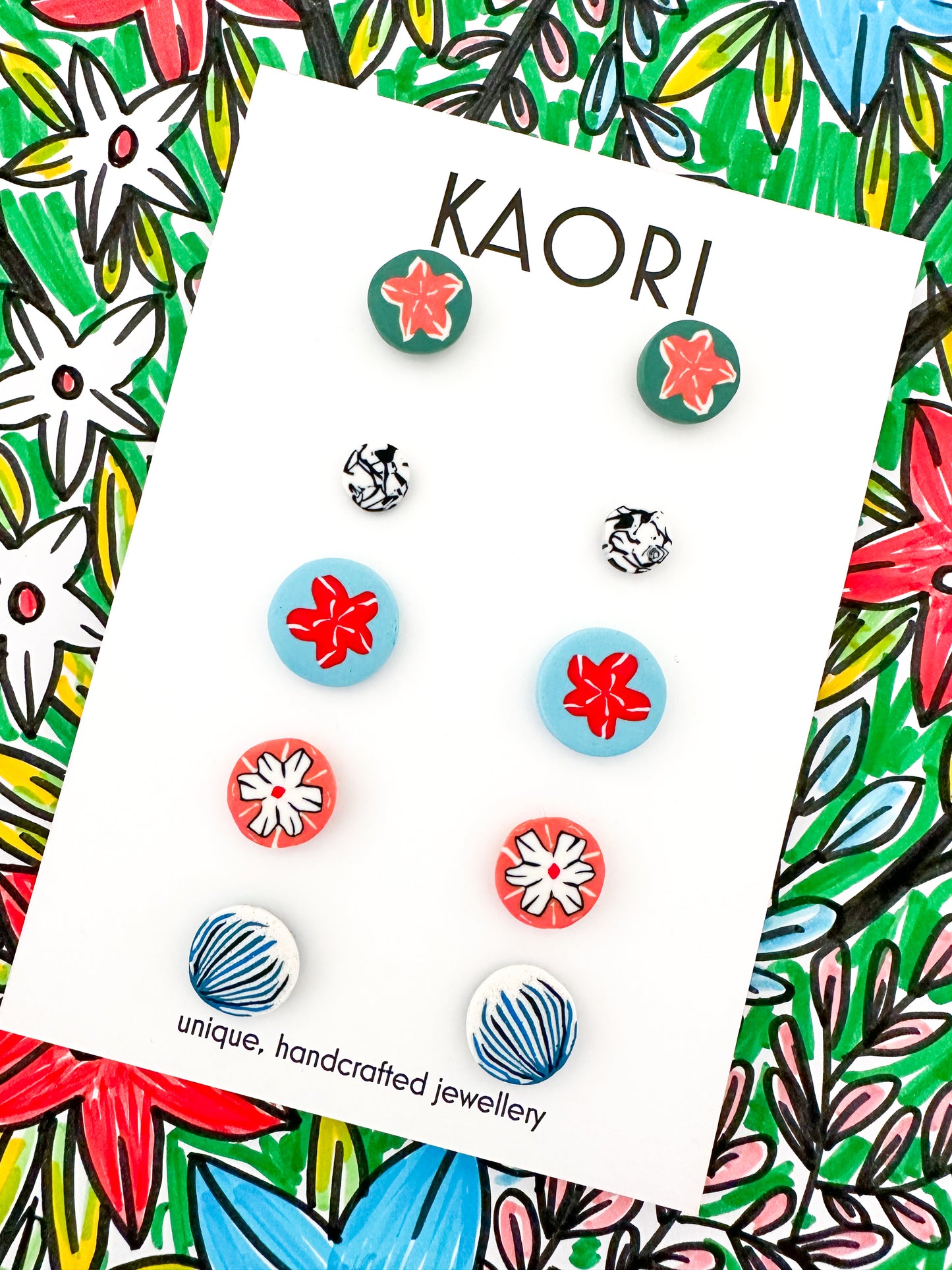 Stud pack - 5 pairs of small studs - Kimono Floral