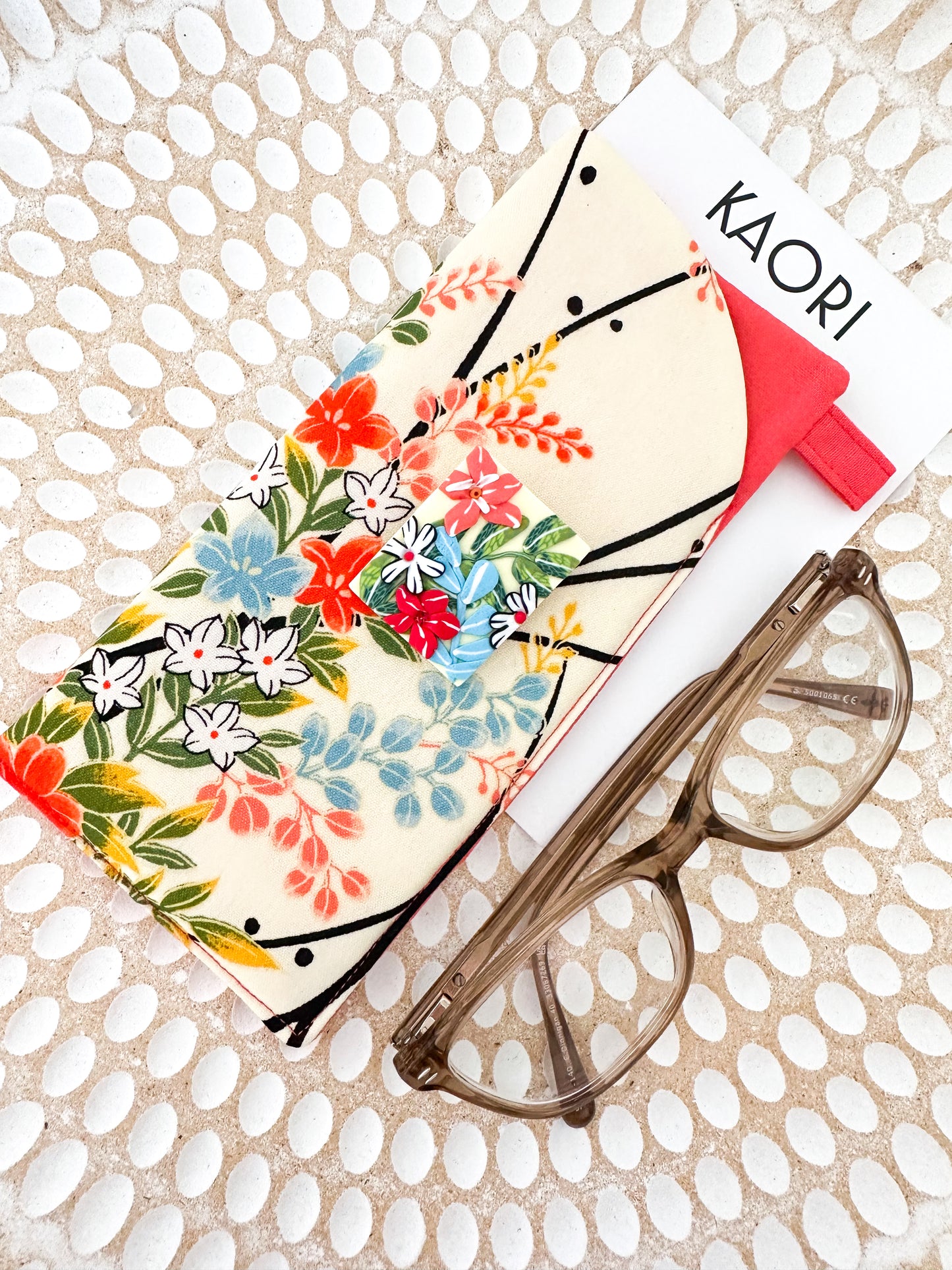 Handmade Kimono Floral Fabric Glasses Case with polymer clay brooch