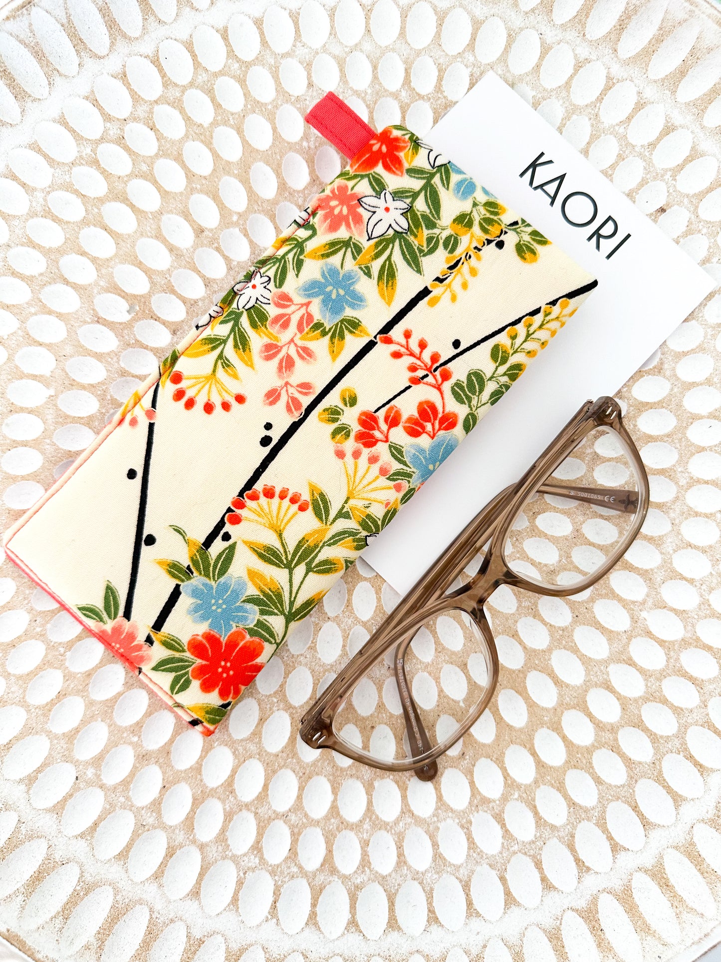 Handmade Kimono Floral Fabric Glasses Case with polymer clay brooch