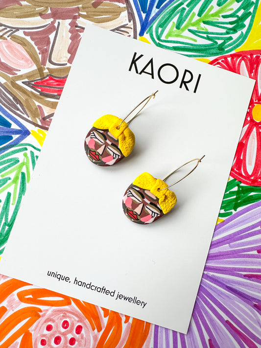 Abstract Face Hoop Earrings  - Yellow