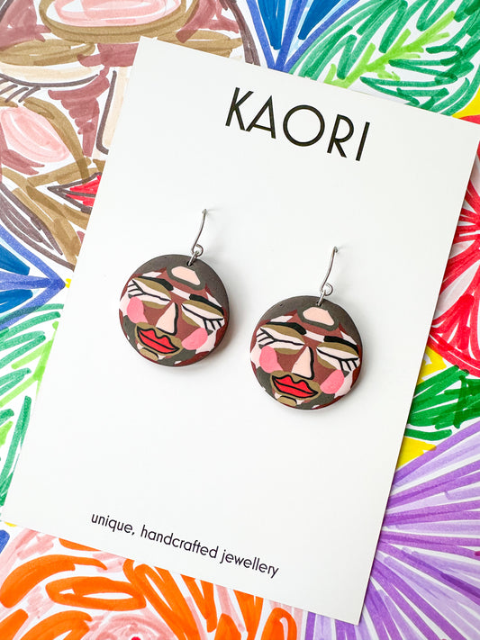 Abstract Face Hook Earrings - Medium Round