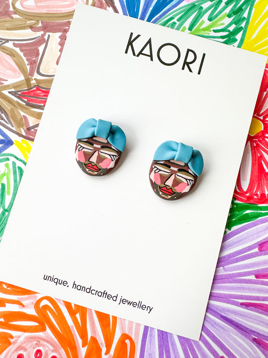 Abstract Face Stud Earrings - Blue