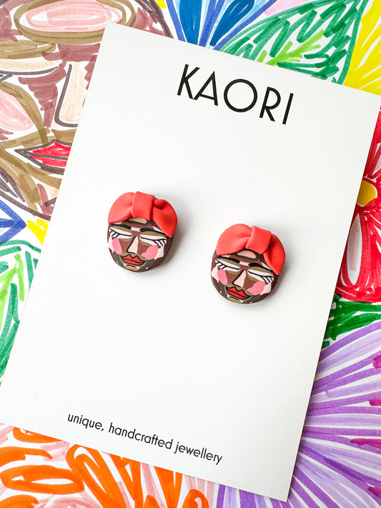 Abstract Face Stud Earrings - Coral Pink