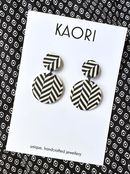 Black and Ivory Stripe Circle Earrings
