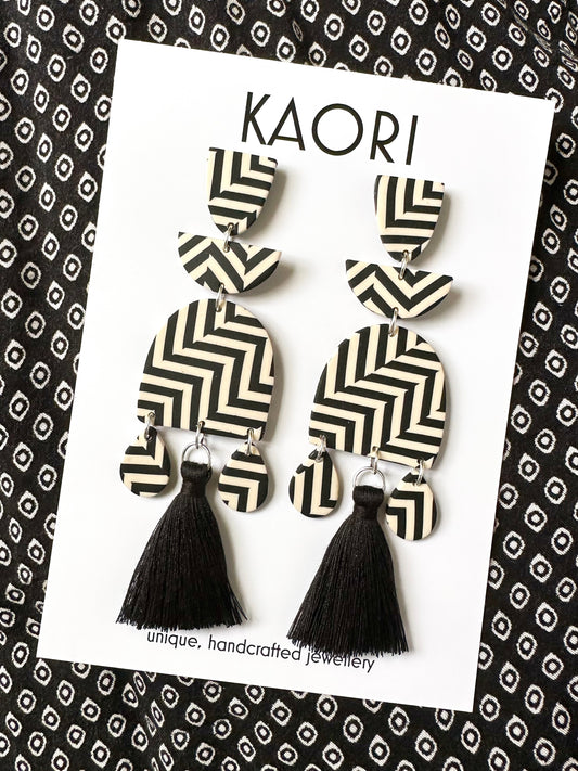 Black and Ivory Stripe Tassel Statement Earrings