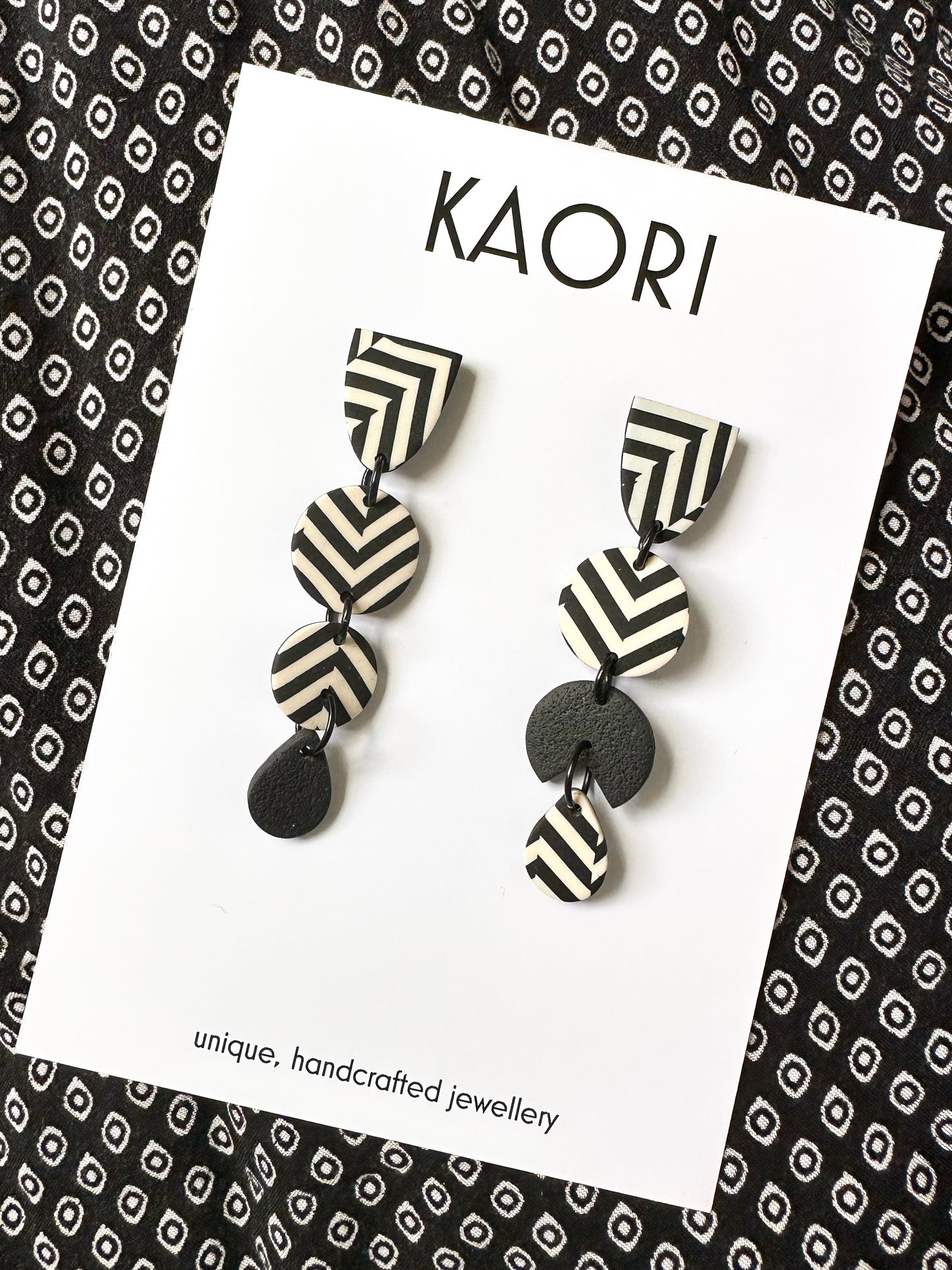 Black and Ivory Stripe Asymmetric Earrings
