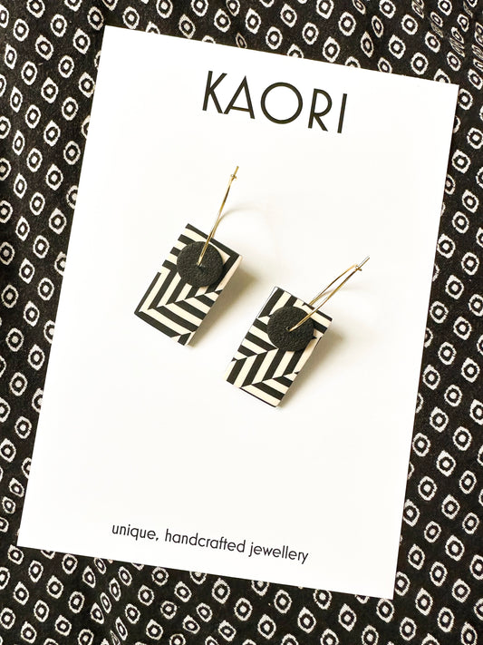 Black and Ivory Stripe Rectangle Hoop Earrings