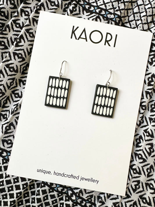 Black and White Rice Rectangle Hook Earrings