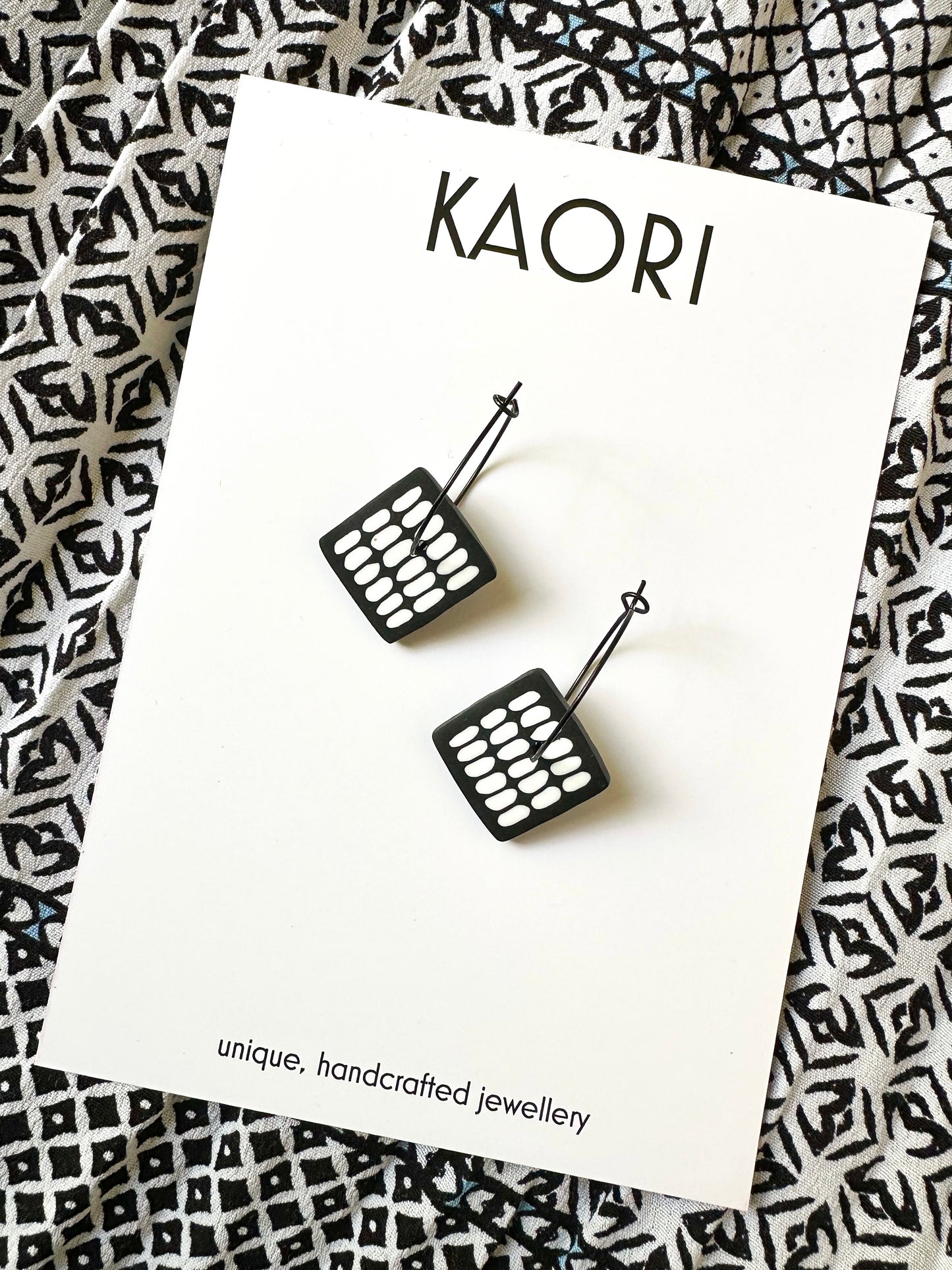 Black and White Rice Square Hoop Earrings