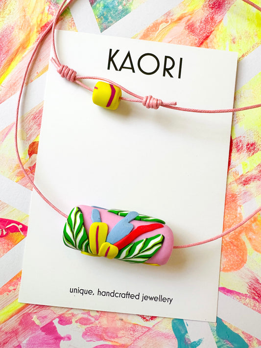 Tropical Floral Pendant Necklace on adjustable length cotton cord