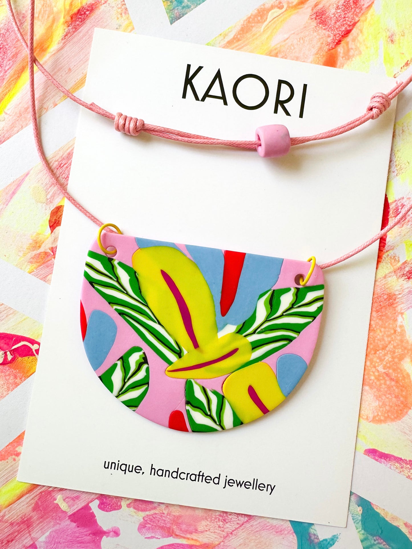 Tropical Floral Pendant Necklace on adjustable length cotton cord