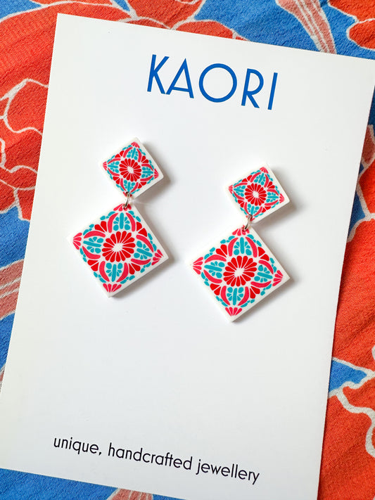 Folk Art Red and Turquoise Tile Stud Earrings