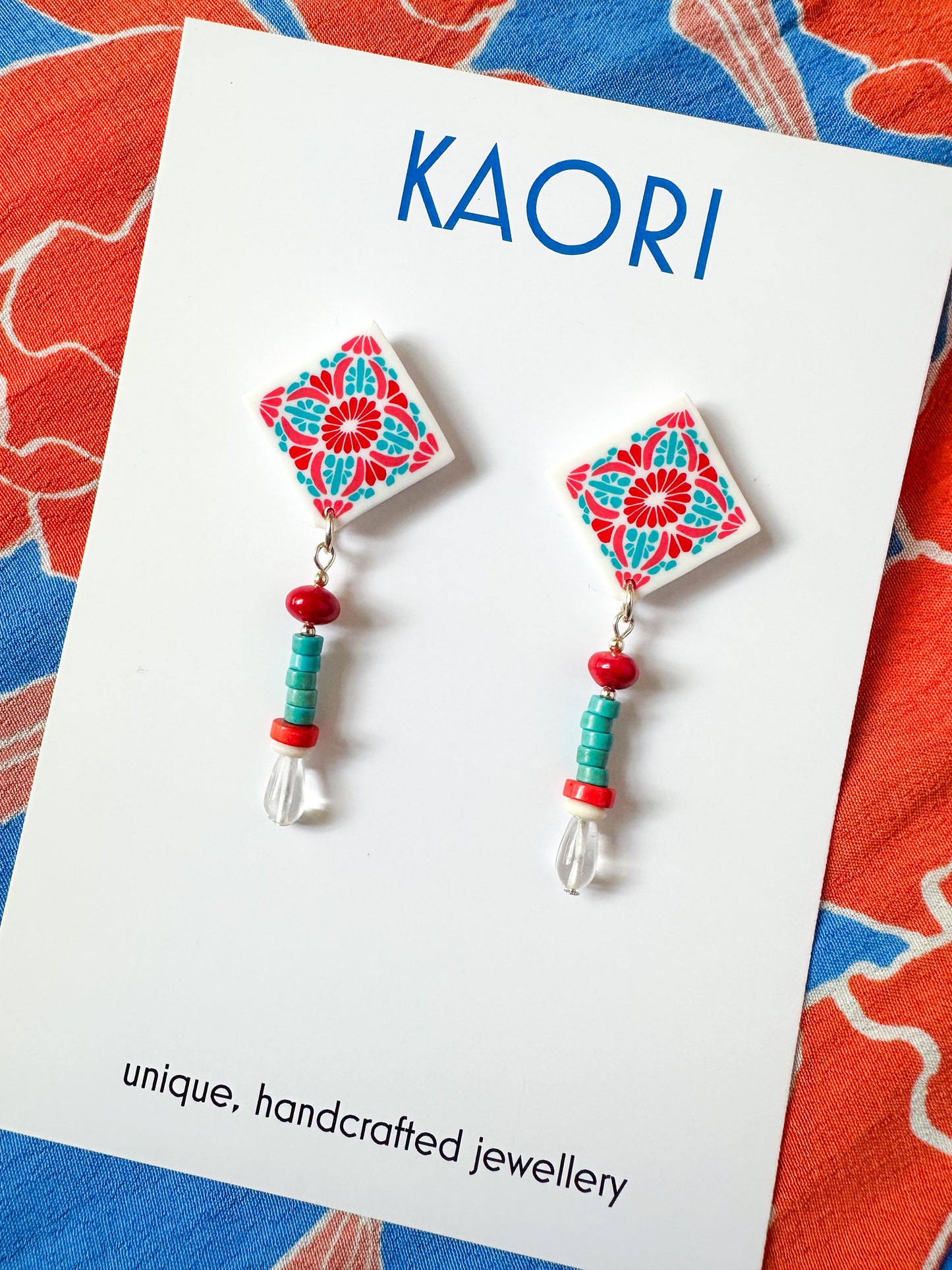 Folk Art Red and Turquoise Beaded Statement Stud Earrings