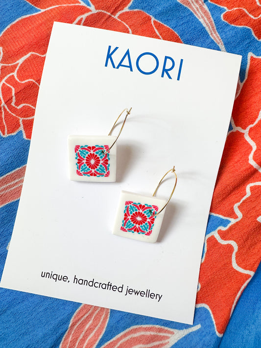 Folk Art Red and Turquoise Tile Hoop Earrings