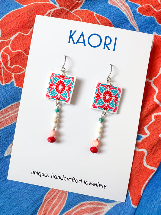 Folk Art Red and Turquoise Beaded Hook Earrings