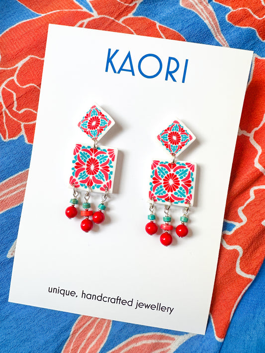 Folk Art Red and Turquoise Tile Beaded Statement Earrings