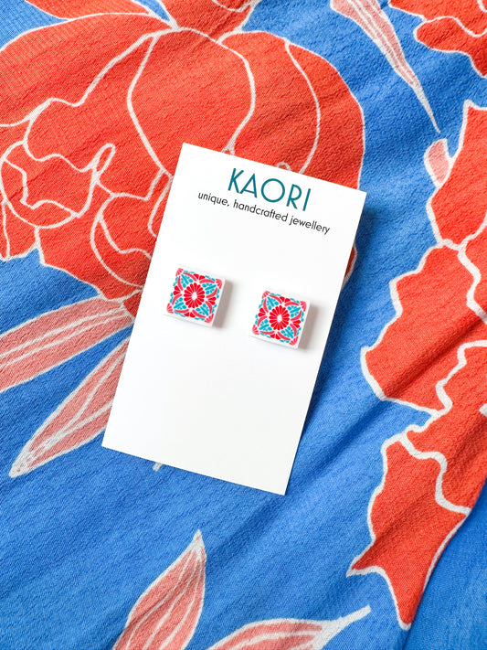 Folk Art Red and Turquoise small stud Earrings