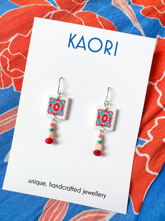 Folk Art Red and Turquoise Dainty Beaded Earrings