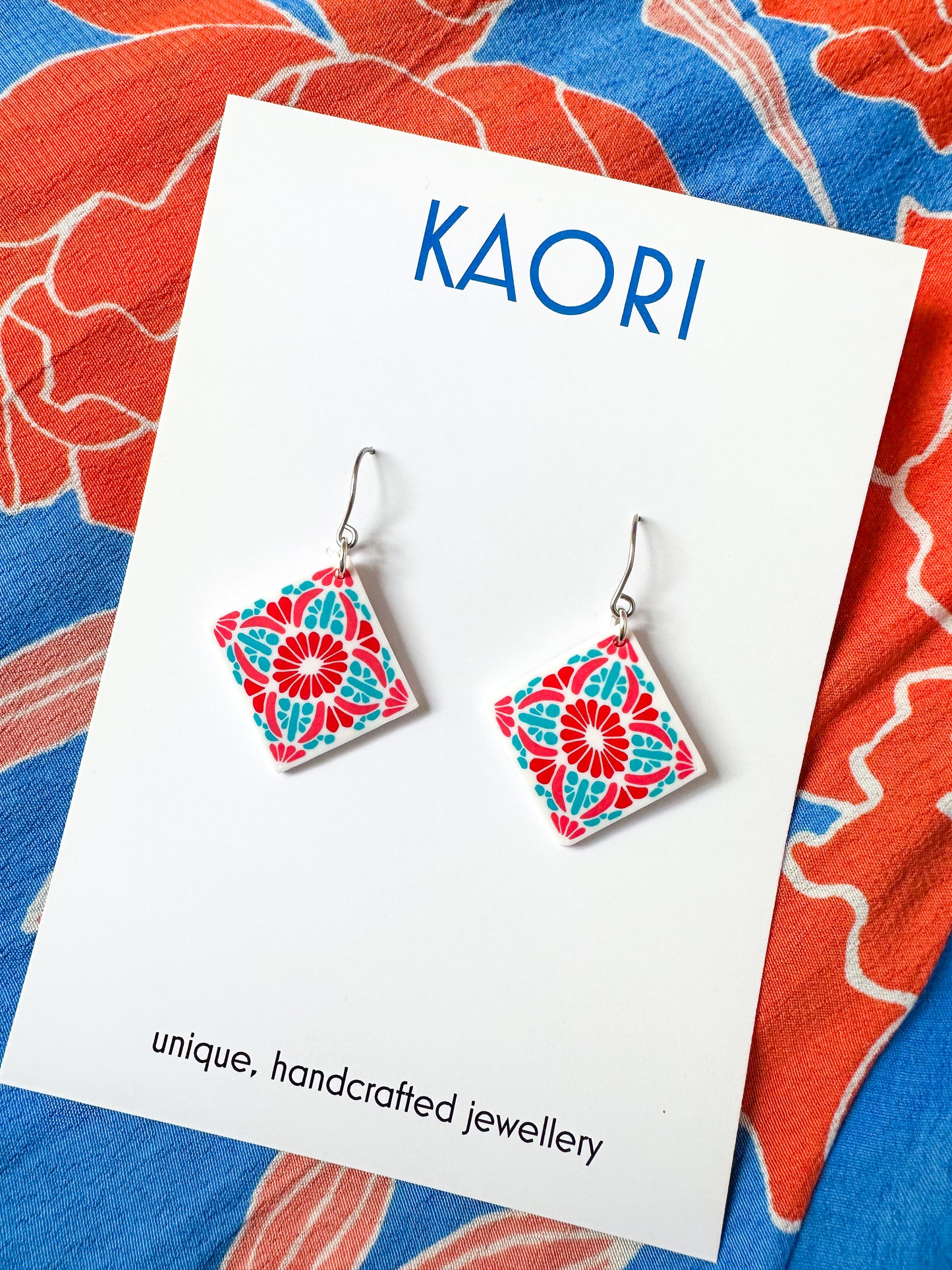 Folk Art Red and Turquoise Tile Hook Earrings