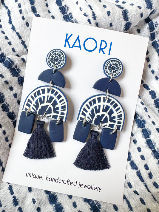 Indigo Shibori Statement Tassel Earrings