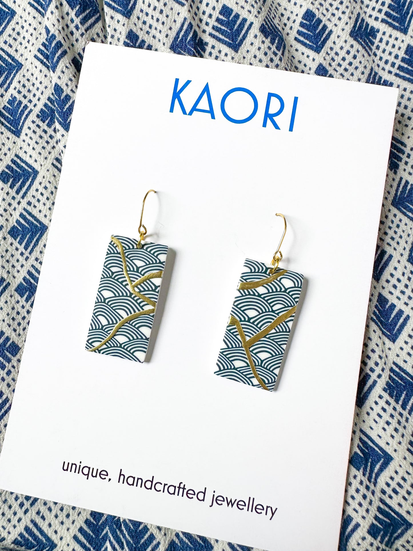 Indigo Kintsugi Waves Rectangle Earrings