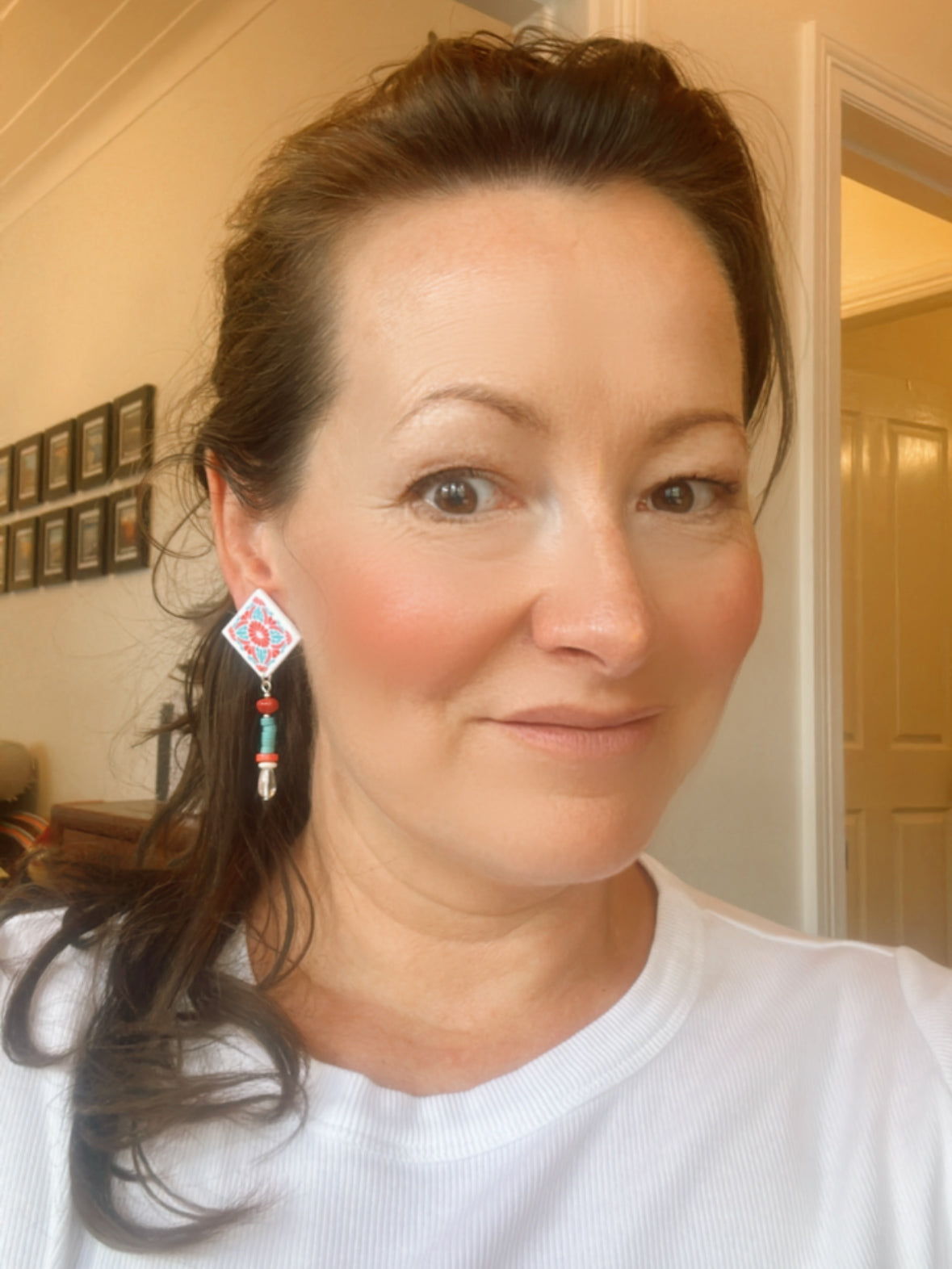 Folk Art Red and Turquoise Beaded Statement Stud Earrings