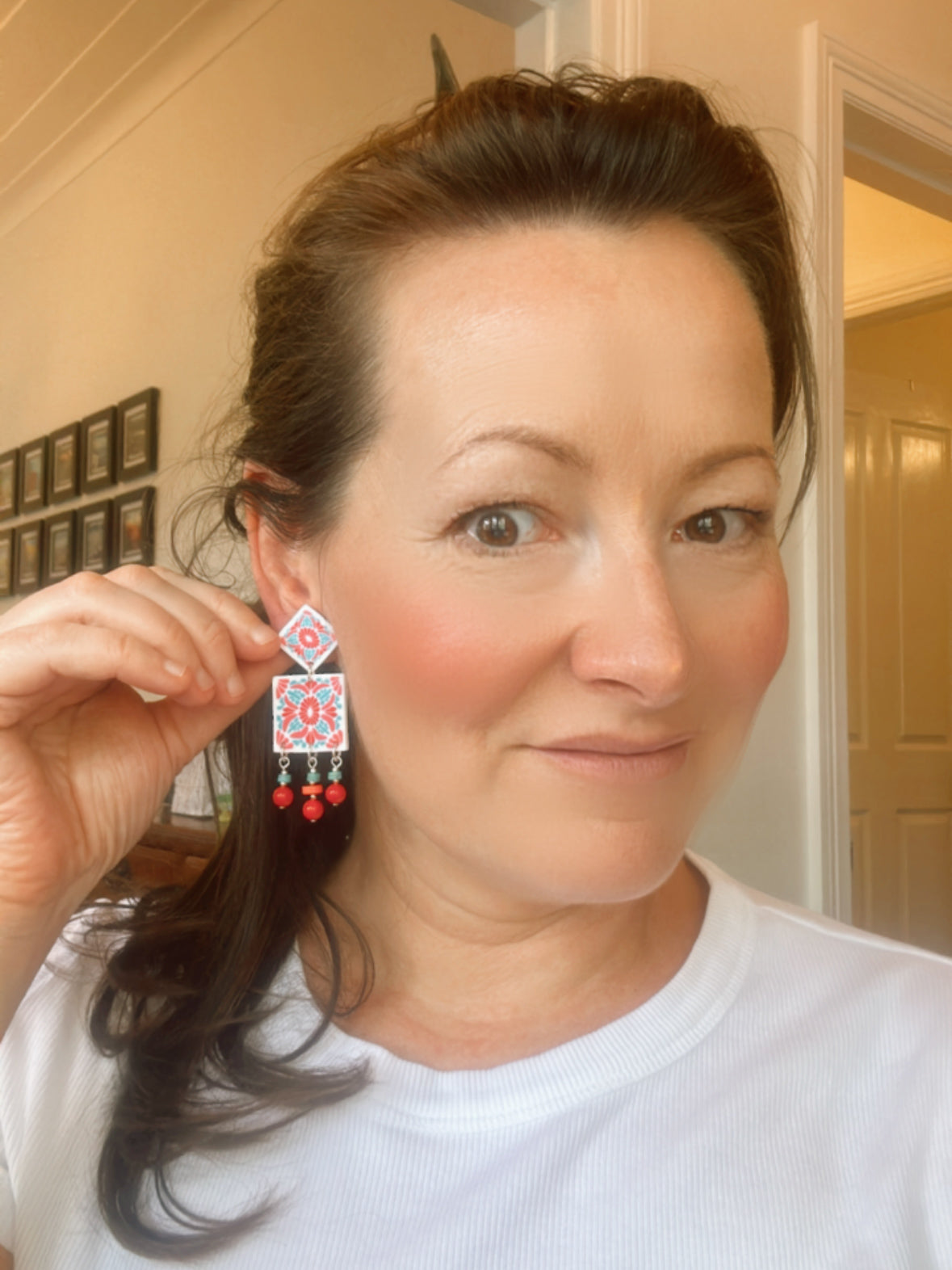 Folk Art Red and Turquoise Tile Beaded Statement Earrings