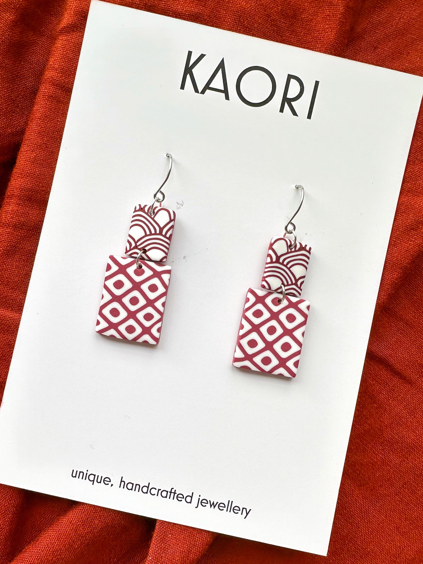 Waves in Oxblood and Rose Rectangle Hook Earrings